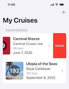 Deleting a cruise from your cruise vacation tracker with a simple swipe
