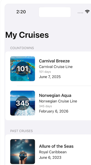 CruisePicker's My Cruises feature interface with sample cruise itineraries and countdown displays